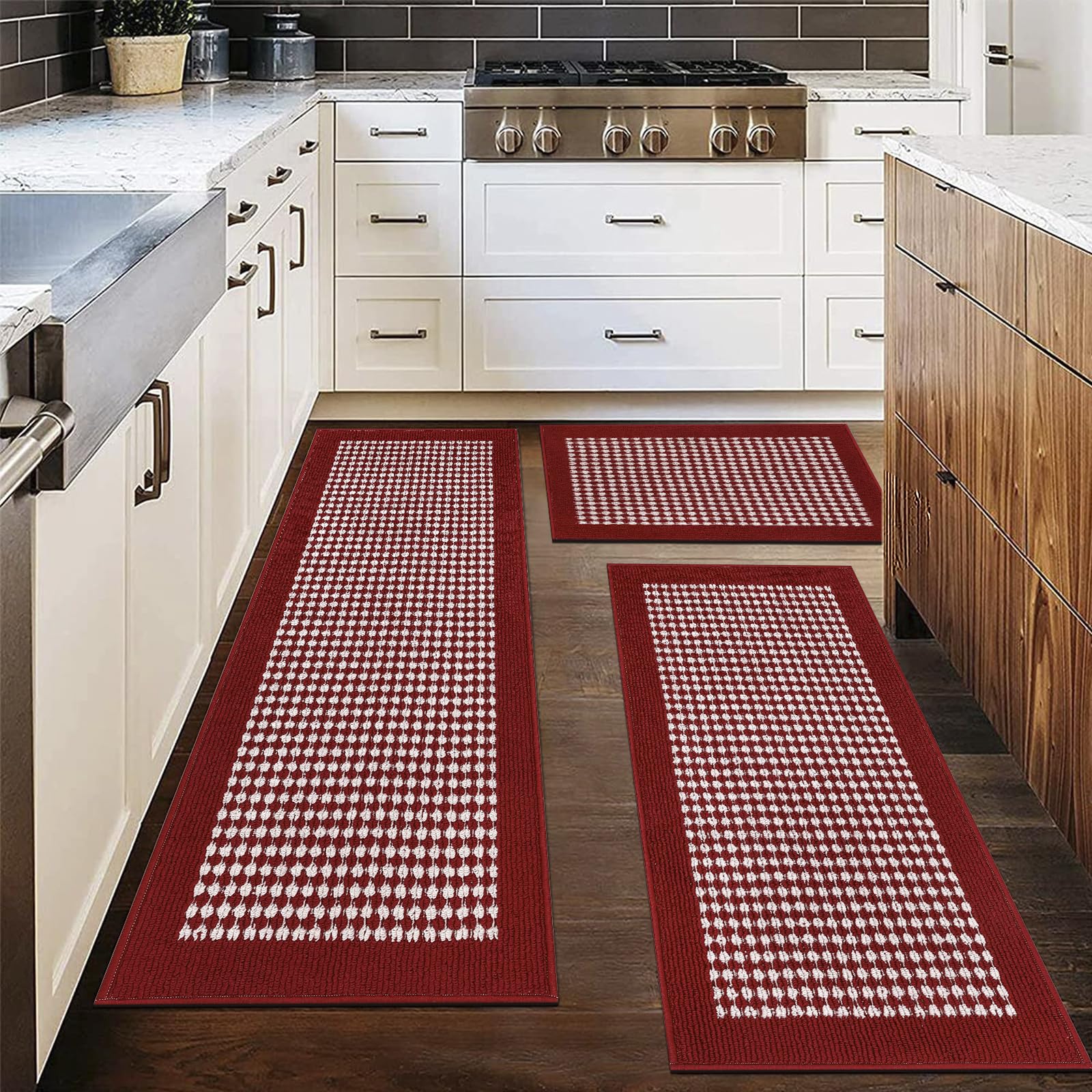 Ileading Kitchen Mat Sets 3 Piece Red Kitchen Floor Rugs with Non Slip ...