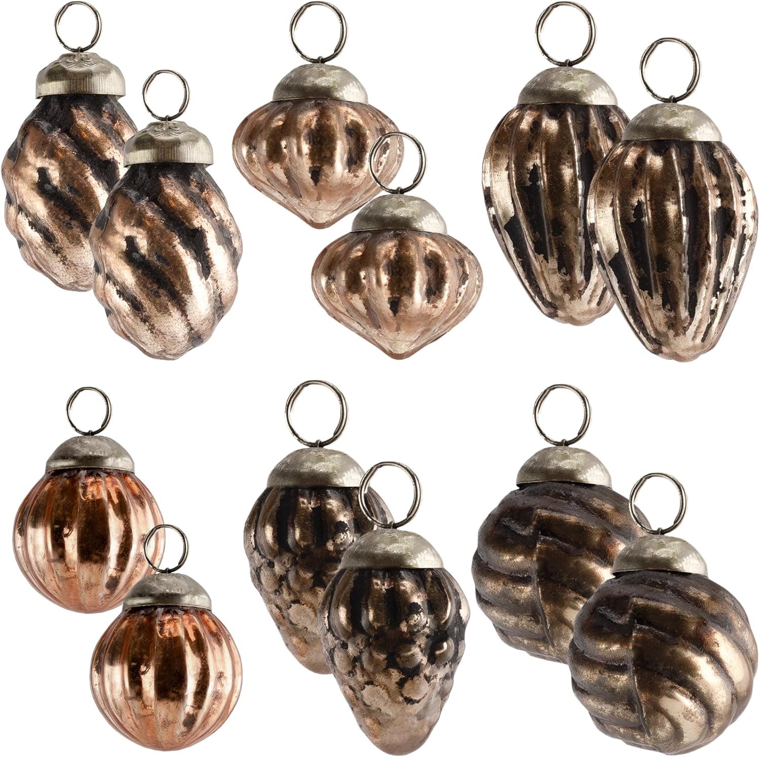 Ornaments - AuldHome Small Glass Finial Ornaments (Set of 12, Copper); Distressed Metal Antique Style Christmas Decorations; Small to Medium Tree Sized