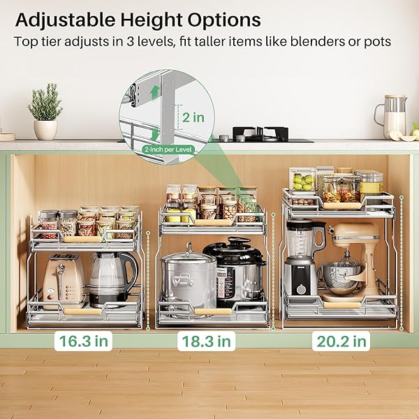 PULL OUT CABINET ORGANIZER, 2 TIERS 23″W X 21″D, HEAVY DUTY SMOOTH SLIDING UNDER CABINET SHELVES FOR POTS AND PANS, FULL-EXTENSION ROLL OUT DRAWERS, SLIDE OUT ORGANIZATION FOR HOME KITCHEN PANTRY