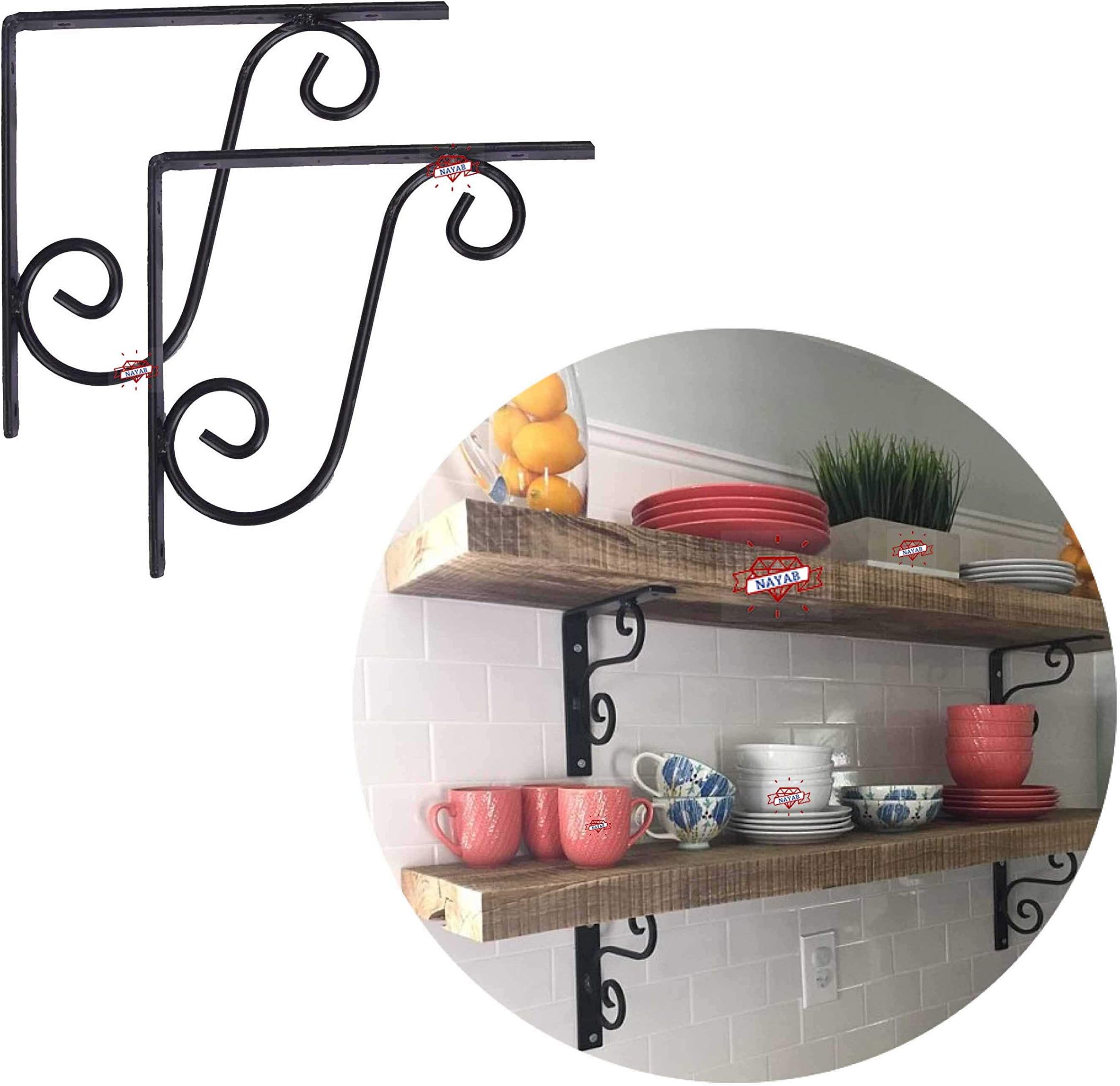 NAYAB 2 Pieces Metal Brackets for Book Counter Wall Shelf Corner Brace Holder (6x6-inches, Black Finish)
