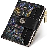GenMolartis Skull Goth Small Wallet, 4.9x3.5inch RFID Blocking Bifold Card Holder Wallet with 8 Card Slots, Cash Compartment, Zipper Coin Pocket ID Window, Slim Credit Card Holder Travel Wallet, Black