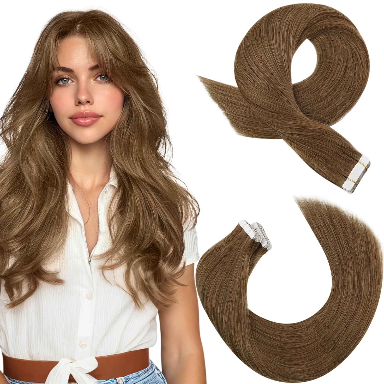 Moresoo Tape in Hair Extensions Human Hair Light Brown 22 Inch Tape in Real Hair Extensions Remy Hair 20pcs/50G #8 — image 1