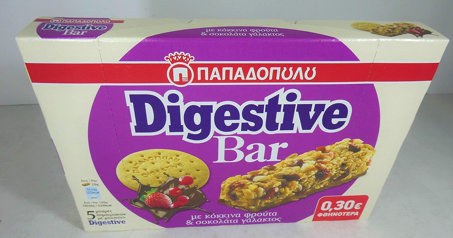 DIGESTIVE BAR WITH RED FRUIT AND MILK CHOCOLATE 5 Bars per pack 140gr