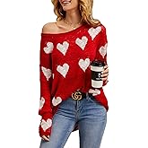 Tutorutor Womens Cute Love Heart Print Sweaters Oversized Off The Shoulder Loose Knitted Valentine Pullover Blouse Top