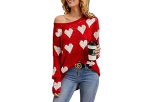 Tutorutor Womens Cute Love Heart Print Sweaters Oversized Off The Shoulder Loose Knitted Valentine Pullover Blouse Top