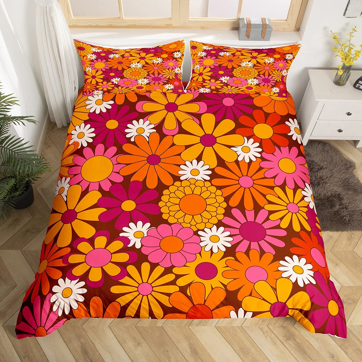 Single 60S 70S Groovy Bedding Set Kids Retro Hippie Flower Comforter Cover Set for Boys Teens Vintage Boho Plant Floral Duvet Cover Botanical Blossom Colorful Bedspread Cover 2Pcs Bedclothes — image 1