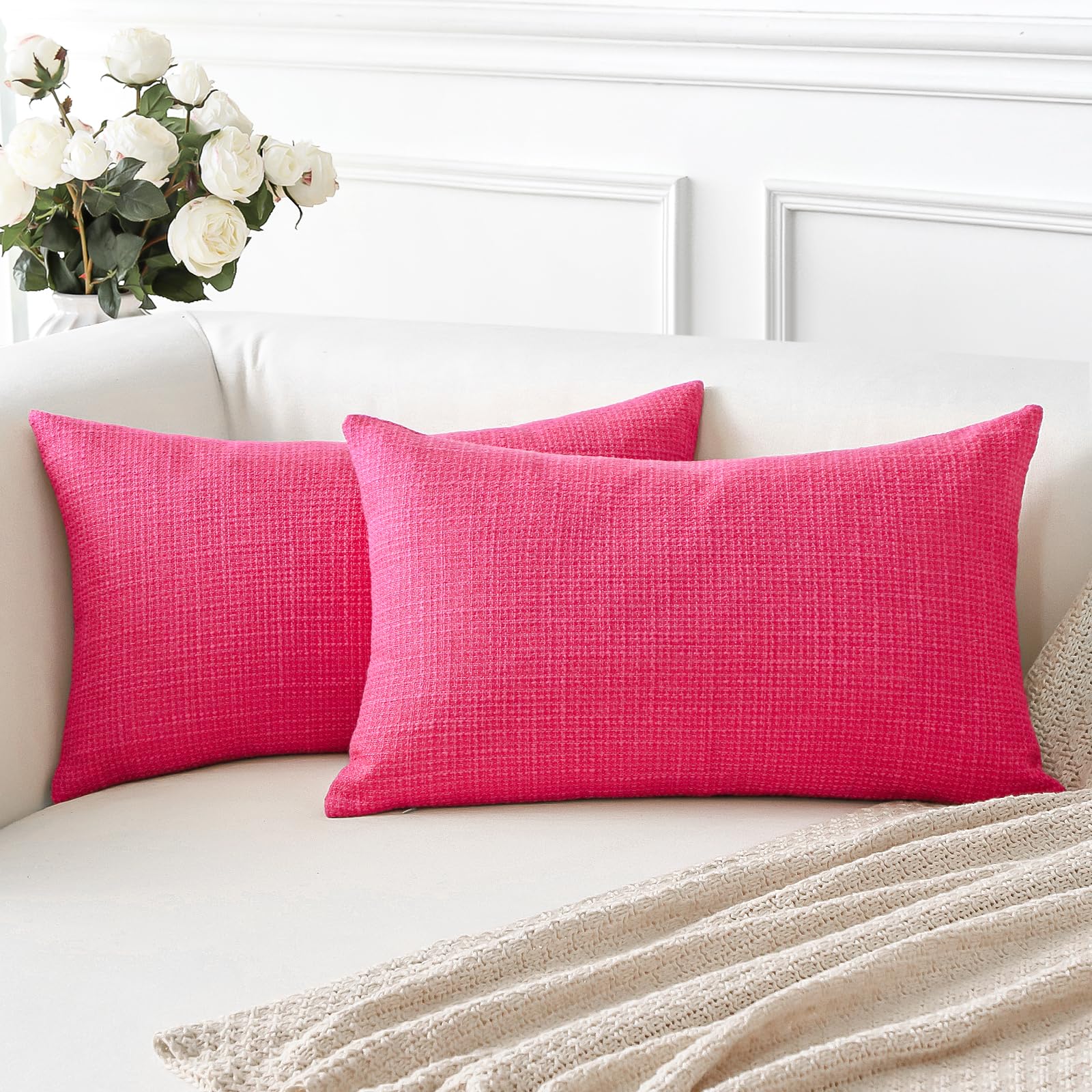 Artscope Rose Pink Cushion Covers Set of 2 Linen Decorative Square Pillowcases Pillow Covers 40x60cm for Home Decor Sofa Bedroom Car (Rose Pink, 16x24)