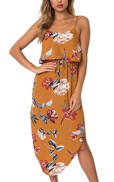 ECOWISH Damen Elegant Ärmellos Maxikleid Blumenmuster Sommerkleid Lang Schulterfrei Partykleider mit Schlitz