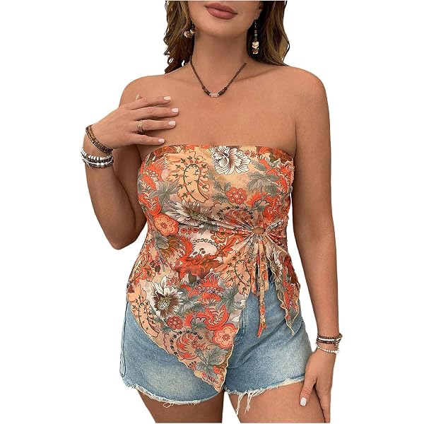 Floerns Women's Plus Size Floral Strapless Crop Top | Twist Front Bandeau With Slit Hem - Boho Tube Top - View #2