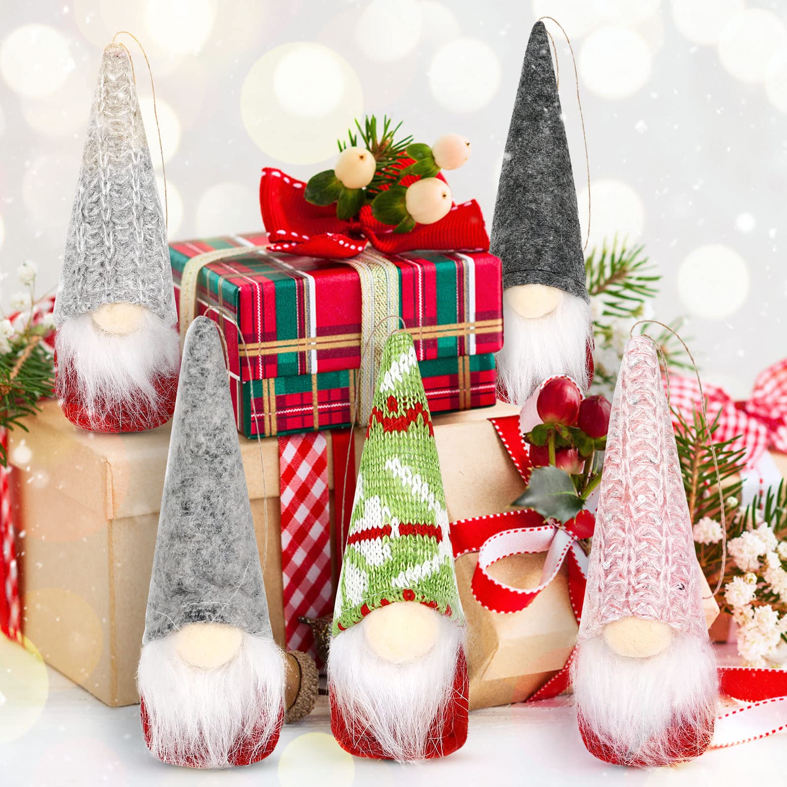 5pcs Christmas Tree Hanging Swedish Gnomes Ornaments, Faceless Old Man Dwarf Plush Dolls Gifts, Handmade Tomte Scandinavian Santa Gnome Doll Plush Hanging Ornaments for Xmas Tree Holiday Decoration