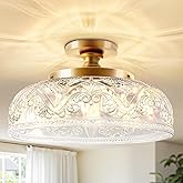 Slypadan Semi Flush Mount Ceiling Light, 12 Inch Large Gold Ceiling Light Fixture, 3-Light Globe Glass Farmhouse Kitchen Ligh