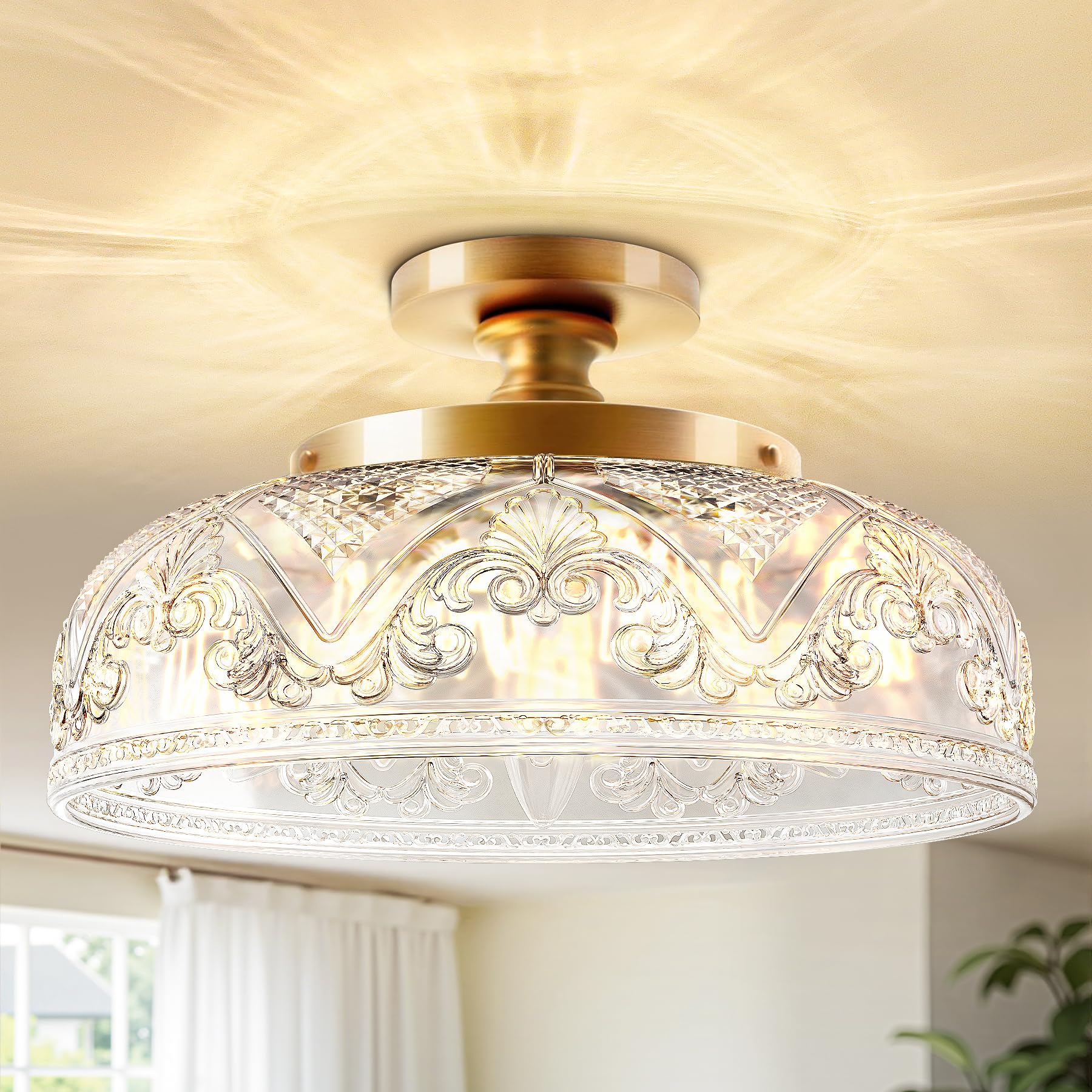 Photo 1 of Slypadan Semi Flush Mount Ceiling Light, 12 Inch Large Gold Ceiling Light Fixture, 3-Light Globe Glass Farmhouse Kitchen Lighting Fixtures for Bathroom, Hallway, Dining Room (Bulb Not Included)