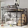 Mirightone Full Size Loft Bed with Stairs and Storage, Metal Loft Bed Frame with Bedside Shelf and Large Under-Bed Space, Heavy-Duty Bed for Adults Teens and Kids, Black