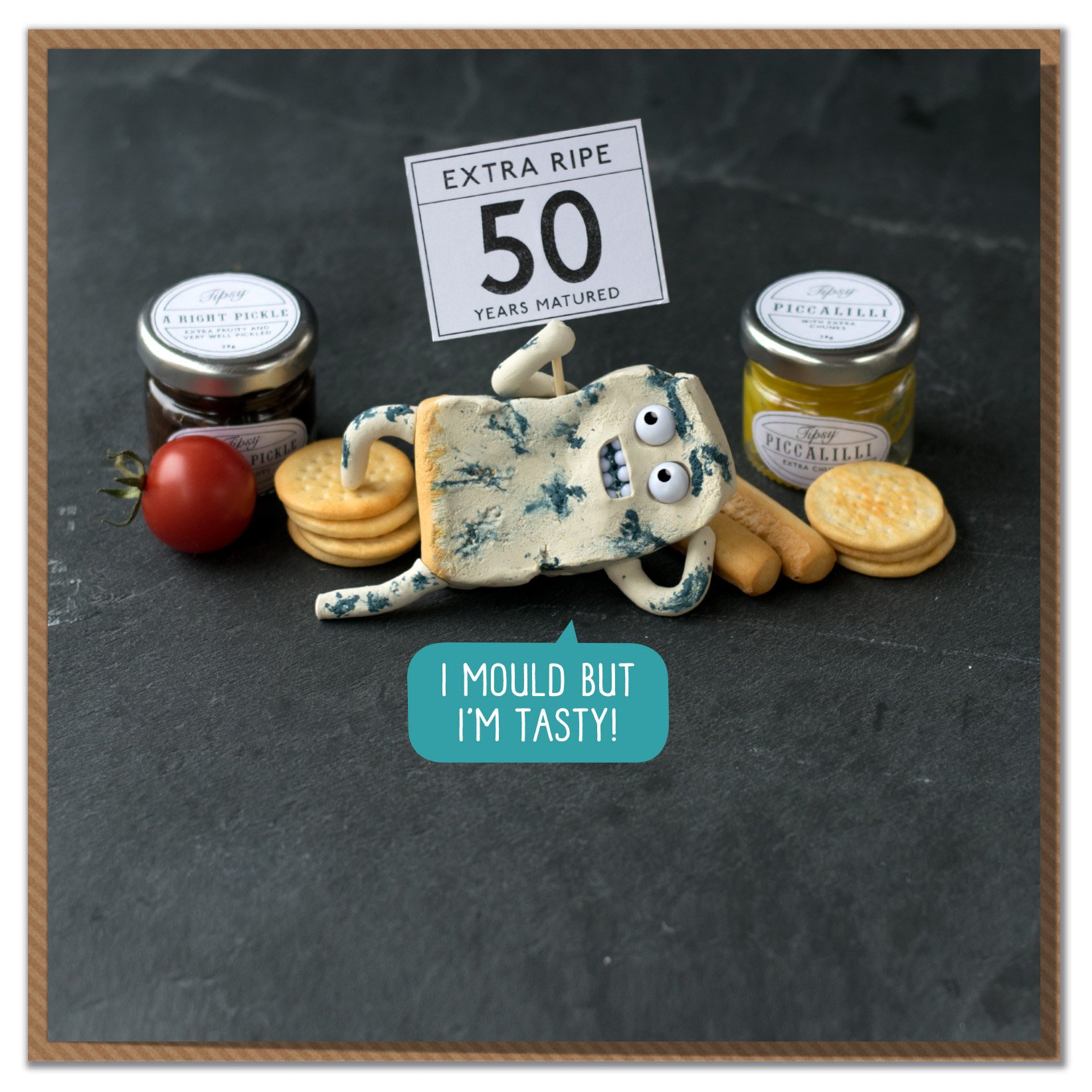 Mungo and Shoddy "50 - I Mould But I'm Tasty!" Cheesy 50th Birthday Card