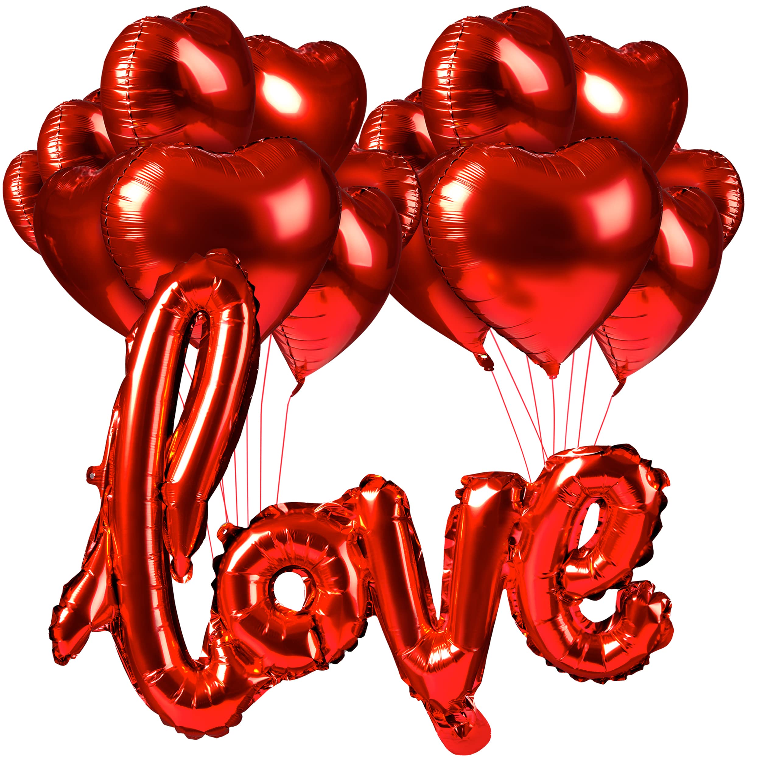 35pc Valentines Decorations Including; 30 Red Heart Balloons Foil Love Hearts, 1 Foil Love Balloon, 4 Red Ribbon and Inflation Tubes - Romantic Valentines Day Decorations