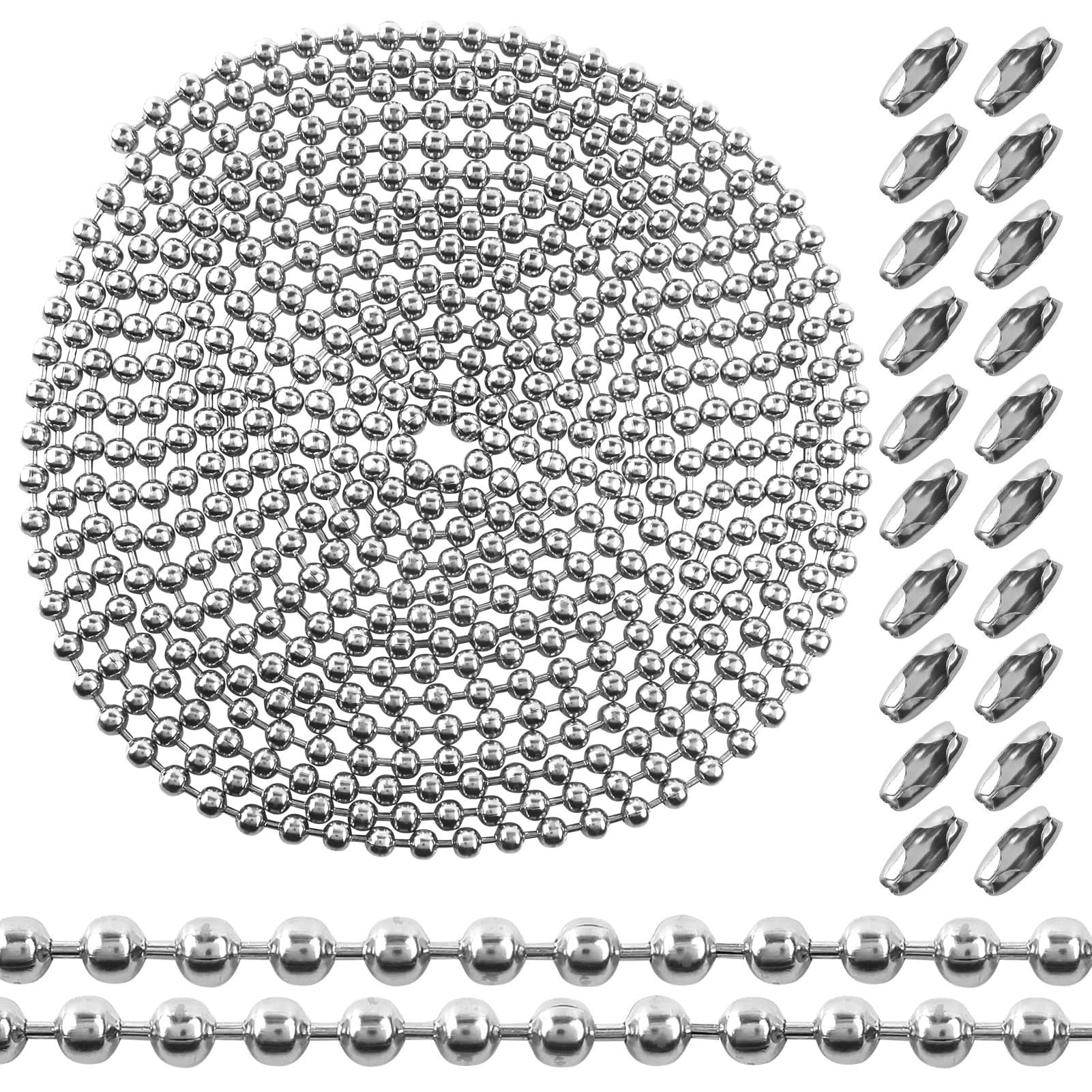 TOAOB 6 Meter Ball Chain Stainless Steel 4.5 mm Adjustable Roller Blind Chain Extension Chains and 20 Pieces Connector Clips for DIY Necklace Keychain Bracelets