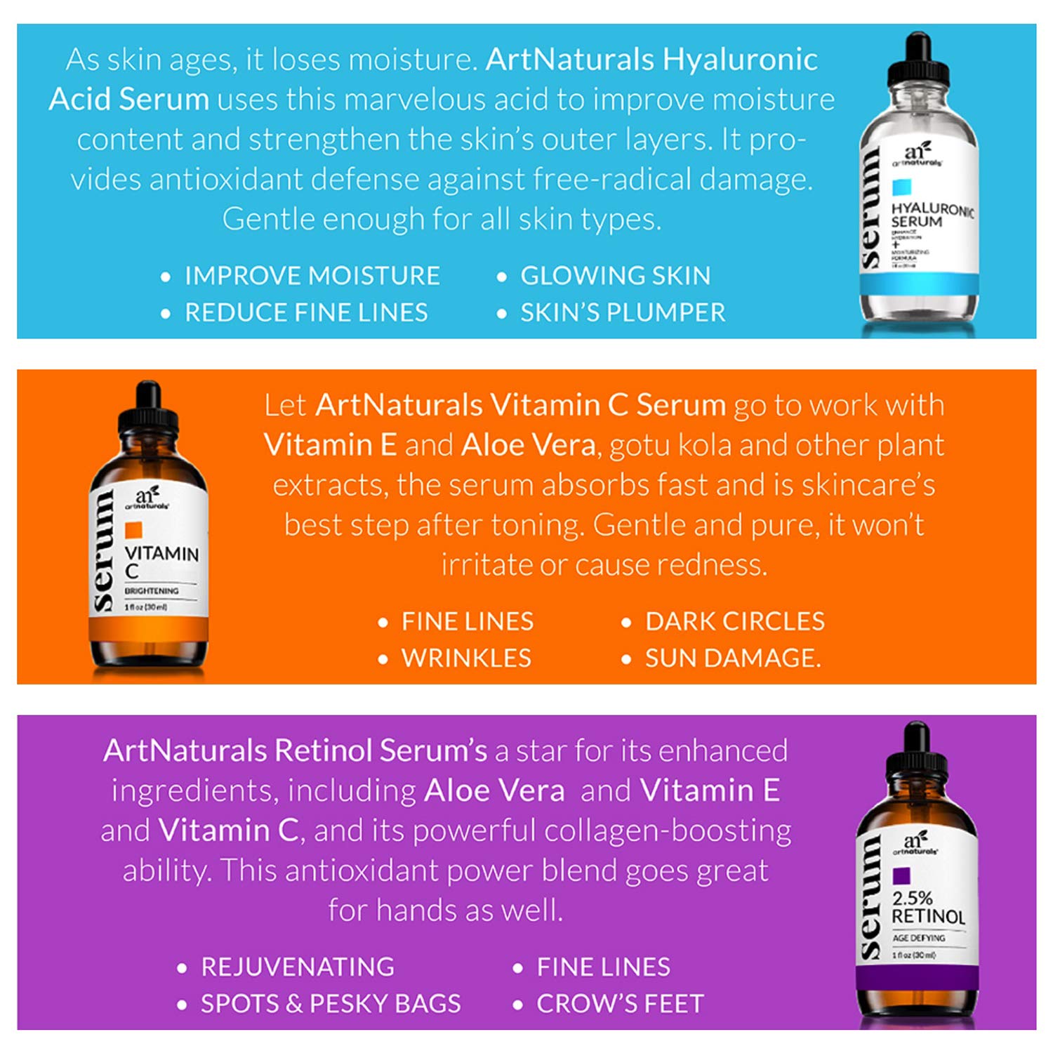 ArtNaturals Anti-Aging-Set with Vitamin-C Retinol and Hyaluronic-Acid - (3 x 1 Fl Oz / 30ml) Serum for Anti Wrinkle and Dark Circle Remover – All Natural and Moisturizing: Beauty