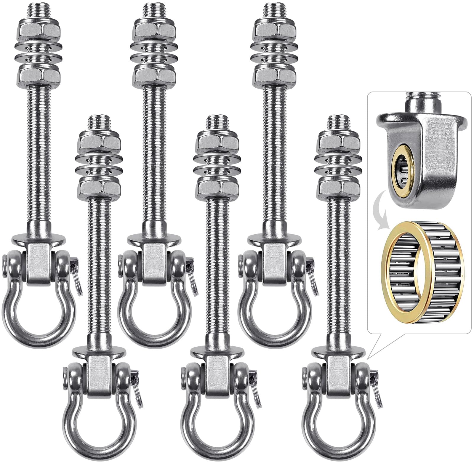 Dolibest 6pcs Swing Hanger with Bearing, 175mm Heavy Duty Hammock Hook M10 Hanging Chair Screw Eye Bolt Swivel Ceiling Beam Mounting Bracket for Yoga Rope/Aerial Hoop/Punching Bag/Sandbag, 1500lbs