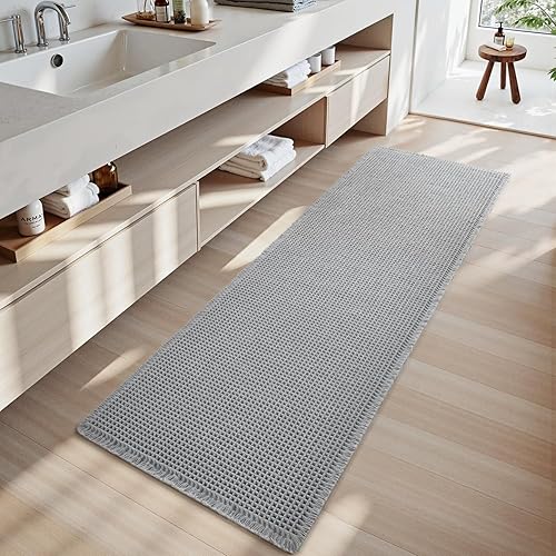 SIXHOME Bath Mat Waffle Super Absorbent Non Slip Bath Ultra Soft Mats for Bathroom Washable Bathroom Rugs with Tassels Rubber Backed Bathroom Mats Lightgrey 40 * 60cm