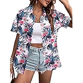 ASTANFY Hawaiian Shirt Women Hawaii T-Shirt Tropical Floral Printed V Neck Shirts Soft Cool Summer Beach Button Up Blouse