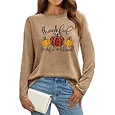 RECUTEWU Thanksgiving Shirts for Women: Thankful Grateful Blessed Pumpkin T-Shirts Fall Long Sleeve Pullover Tops