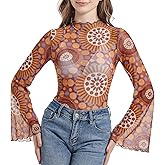 Durio 70s Womens Bell Sleeve Top Floral Tops for Women Disco Outfit Mock Neck Tops Semi Sheer Mesh Long Sleeve Top