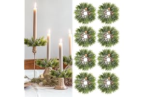 Canlierr 8 Pack Christmas Pine Cones Taper Candle Rings Wreaths Decorations 1.38 Inch Mini Pine Taper Candle Holder Wreaths for Xmas Holiday Church Home Table Centerpiece Candlesticks Decor