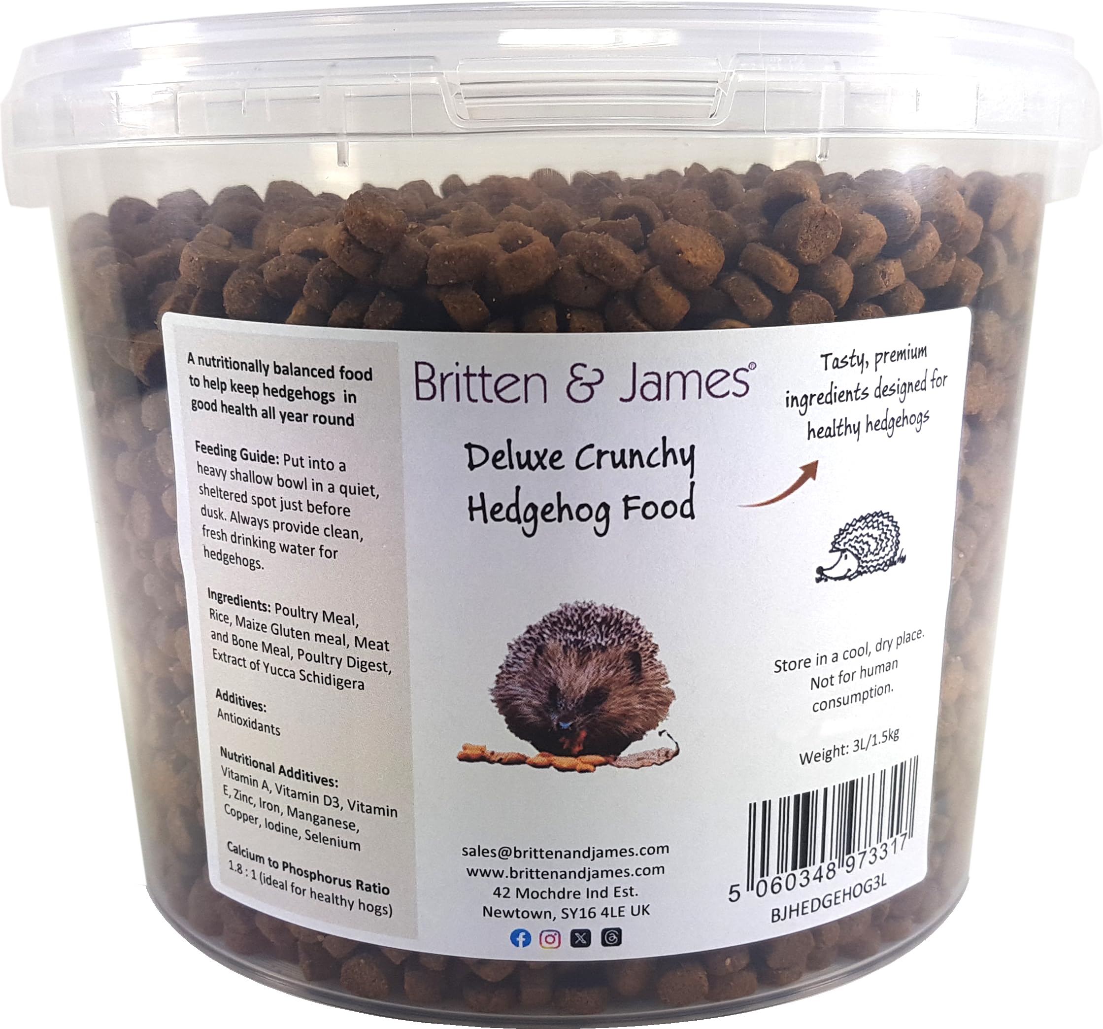 Britten and James Deluxe Crunchy Dry Hedgehog Food (1.5kg). A Healthy Nutritious Tasty Dinner for Hedgehogs in a Resealable Tub