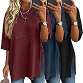 Baggyfly 3 Pack Women's 3/4 Sleeve Waffle Knit Tops Oversized Crewneck T-Shirts Loose Casual Blouses Side Split Tees(Black, Navy Blue, Wine Red,X-Large)