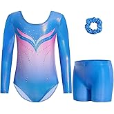 Gogokids Gymnastics Leotards for Girls Sparkly Rhinestone 3/4 Sleeve 3 PCS Ballet Outfit Sets Dancewear for 3-12 Years
