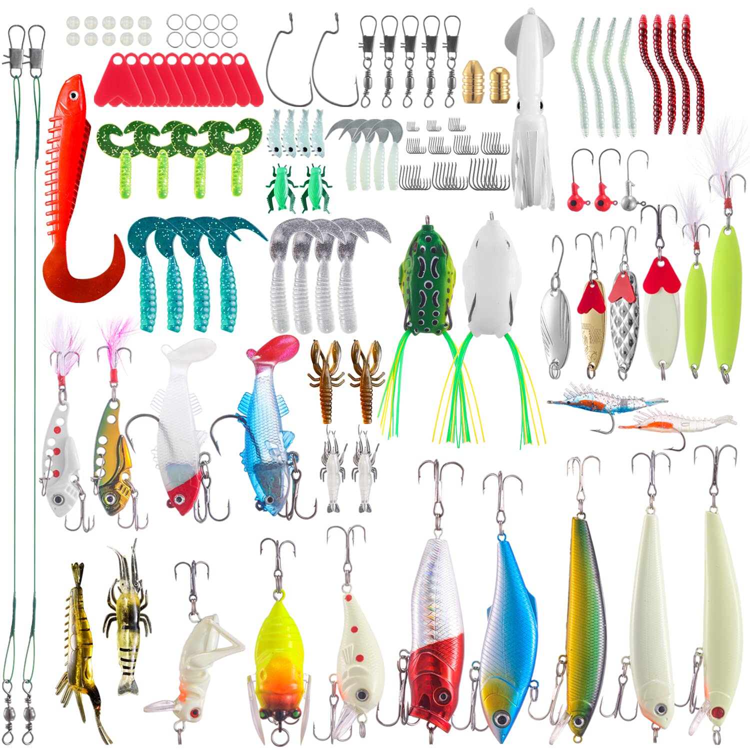 TUXIBIN 155 PCS Fishing Lures, Baits Tackle, Fishing Gear Lures Kit Set, Mixed Including Spinnerbaits Hooks, Swivels, Sinking Lures, Worm, Spoons Hard Lure,Topwater Lures and Tackle Box 155-2