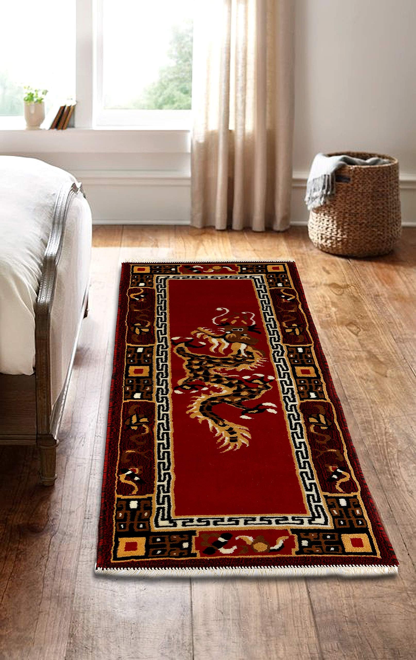 Raizel Creations Dragon Design Bedside Runner/Rug/Passage Rug/Carpet.(Size-60 x 170 cm, Color- Red with Multi Color)