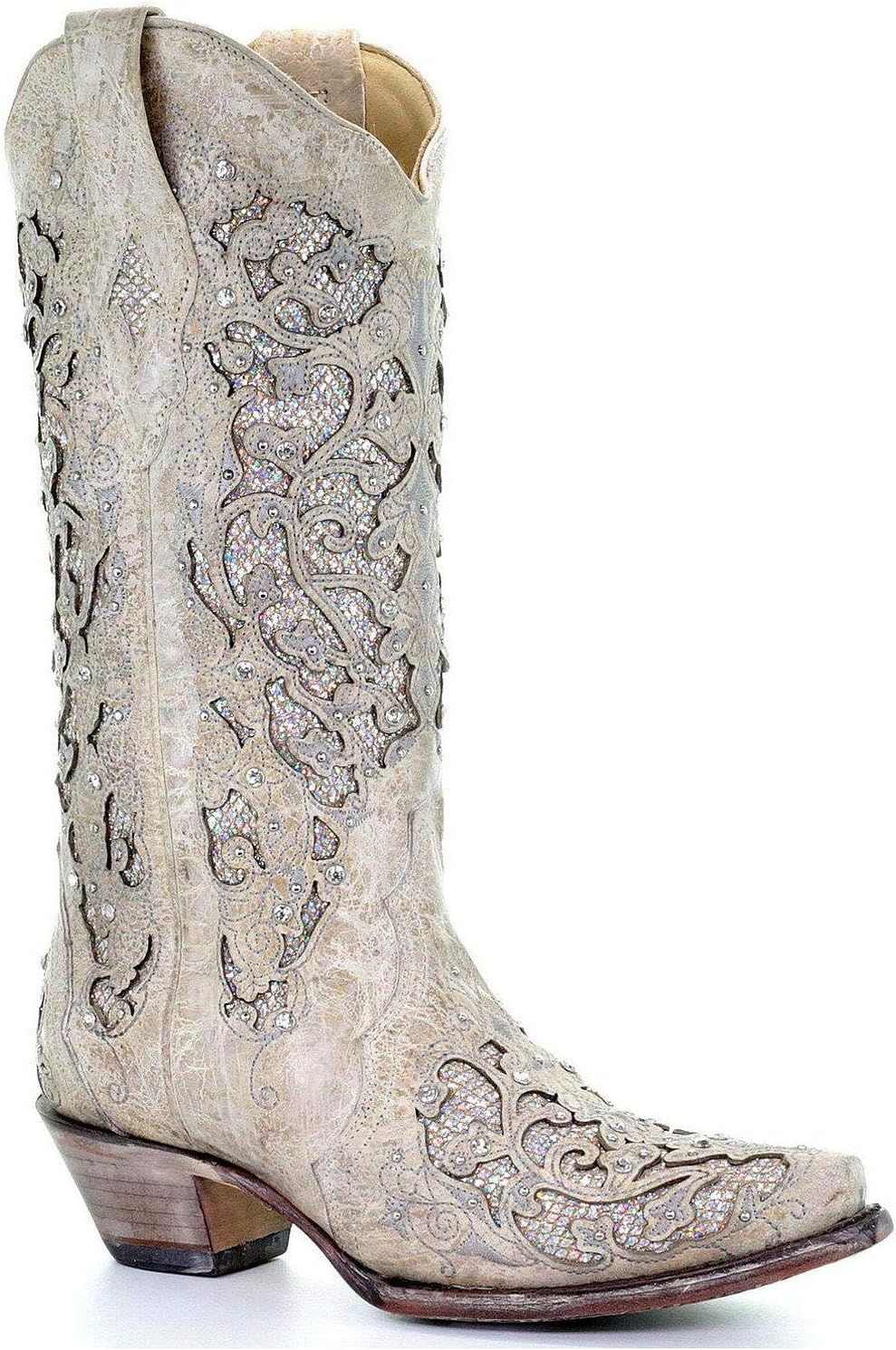Corral Women's White Glitter Inlay & Crystals White Cowgirl Boots,