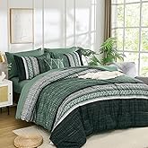 Dintszyayue Green Comforter Set Queen Size, 8 Pieces Boho Striped Bed in a Bag Soft Microfiber Bedding Set for All Season