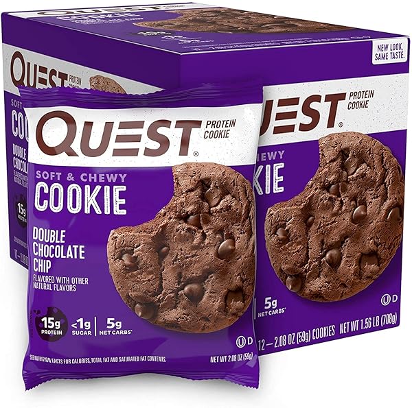 QUEST NUTRITION PROTEIN COOKIE, DOUBLE CHOCOLATE CHIP, 15G PROTEIN, 5G NET CARBS, 240 CALS, 2.08OZ COOKIE, SINGLE SAMPLE, HIGH PROTEIN, LOW CARB, GLUTEN FREE, SOY FREE