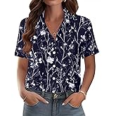 Zeagoo Womens Button Down Blouse Rolled Cuffed Short Sleeve Shirts Casual Work Blouse Summer Hawaiian Outfits