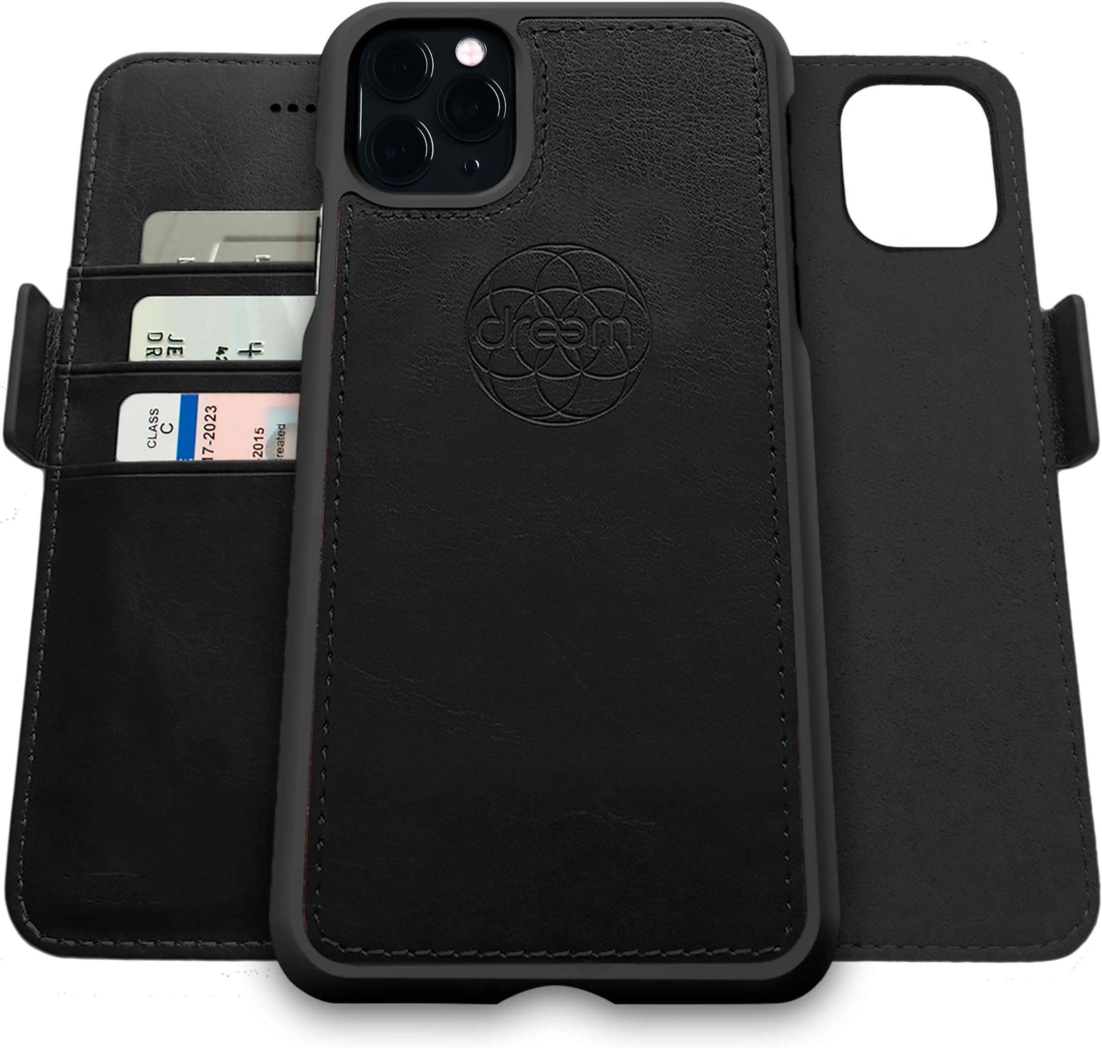 Dreem Fibonacci 2-in-1 Wallet Case for Apple iPhone 11 Pro - Luxury Vegan Leather, Magnetic Detachable Shockproof Phone Case, RFID Card Protection, 2-Way Flip Stand - Black
