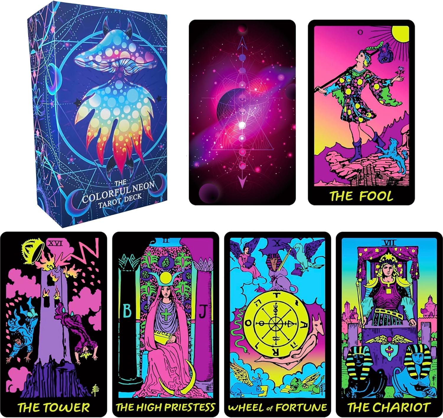 Colorful Neon Tarot Cards Deck with Guidebook, Tarot Cards for Beginners, 78 Tarot Deck, with Meanings on Them