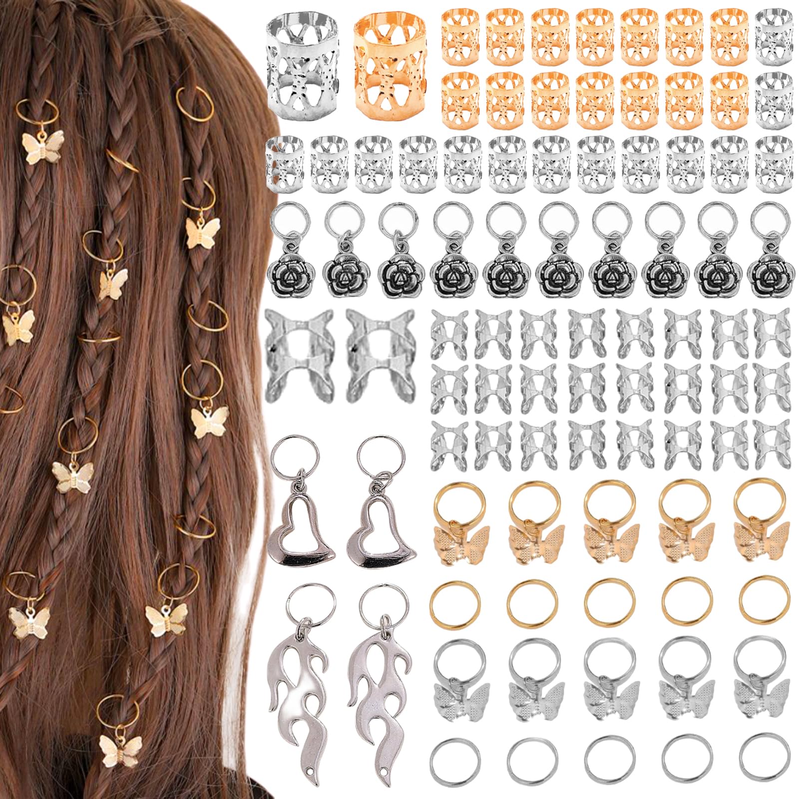 BDSHUNBF 90 Piece Hair Accessories - Jewelry, Cuffs, Rings for Braids & Dreadlocks - Men & Women