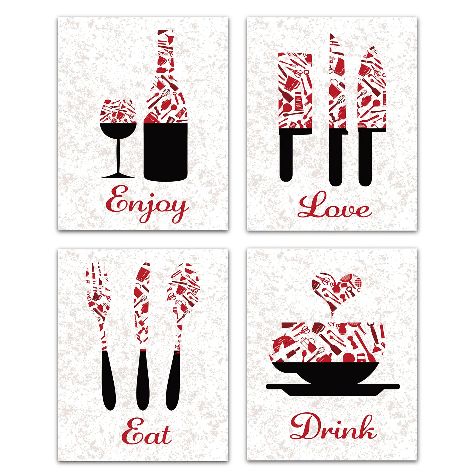 CREATCABIN Unframed Canvas Prints Kitchen Kitchenware Red Art Prints Posters Wall Art Decorations Enjoy Love Eat Drink Set Of 4 for Kitchen Restaurant Cafe Bar house Decor 8 x 10inch
