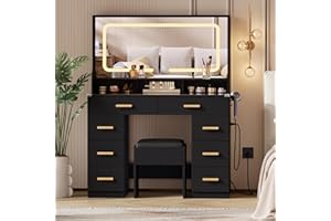 Joankaren 42" LED Makeup Vanity Desk with Large Mirror, 8 Drawers, Charging Station & Glass Top, Modern Dressing Table with S