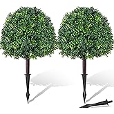 28" Artificial Boxwood Topiary Ball Tree with Ground Spike, Set of 2 Artificial Shrub Bushes, Fake Evergreen Tree for Porch, Artificial Plants Fake Boxwood Plants for Outdoor Indoor Front Door Decor