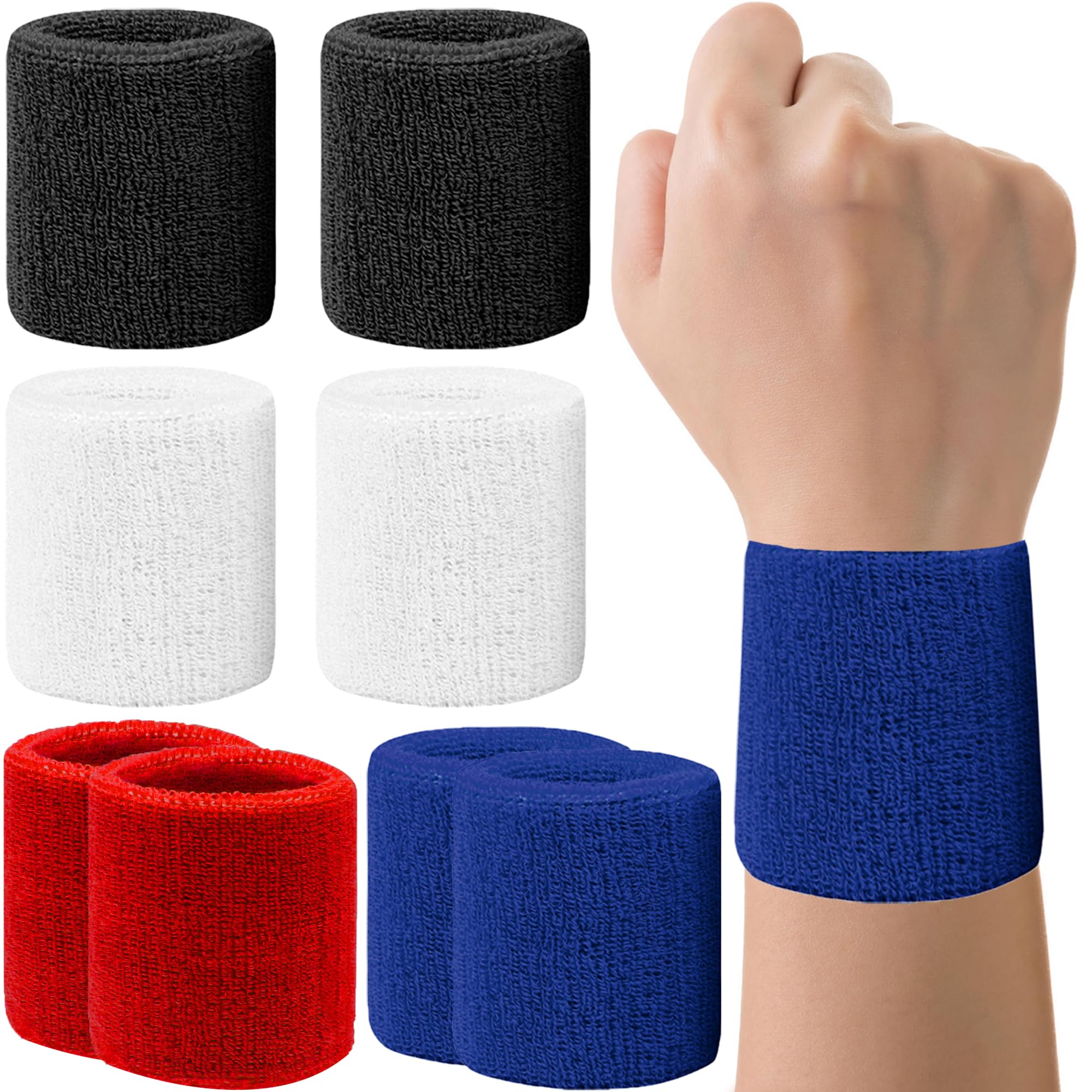 Photo 1 of 8 Pack Wrist Sweatbands Tennis Wristbands Absorbent Sweat Band for Men and Women, Breathable Cotton Sweatbands for Working Out, Football, Basketball, Running Athletic Sports -Black/Blue/White/Red