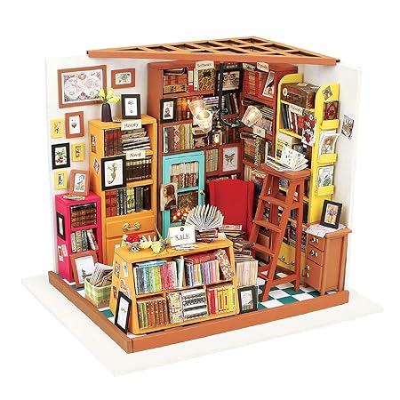 ROBOTIME Bibliothek Holz Puppenhaus Bausatz zum Selbermachen - Bücher Haus Holzbausatz Handgefertigt Bücherei Puppen-Haus Spi