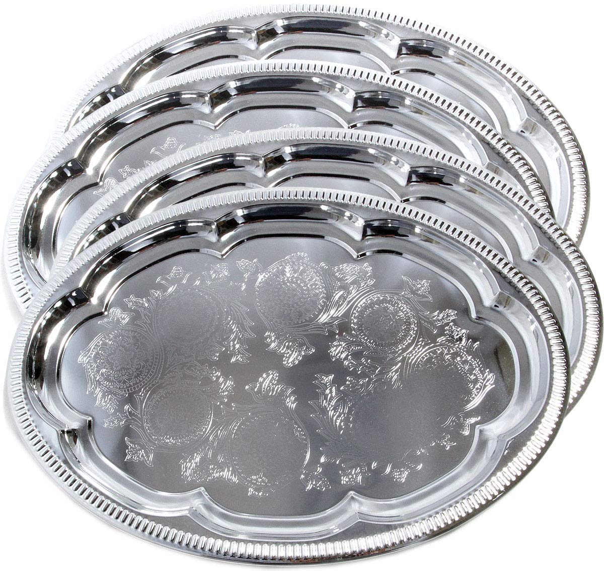 Maro Megastore (Pack of 4) 40 cm x 30 cm Traditional Oval Floral Pattern Engraved Catering Chrome Plated Serving Plate Mirror Tray Platter Deco Art Tableware Holiday Party Serving T225M-4PK