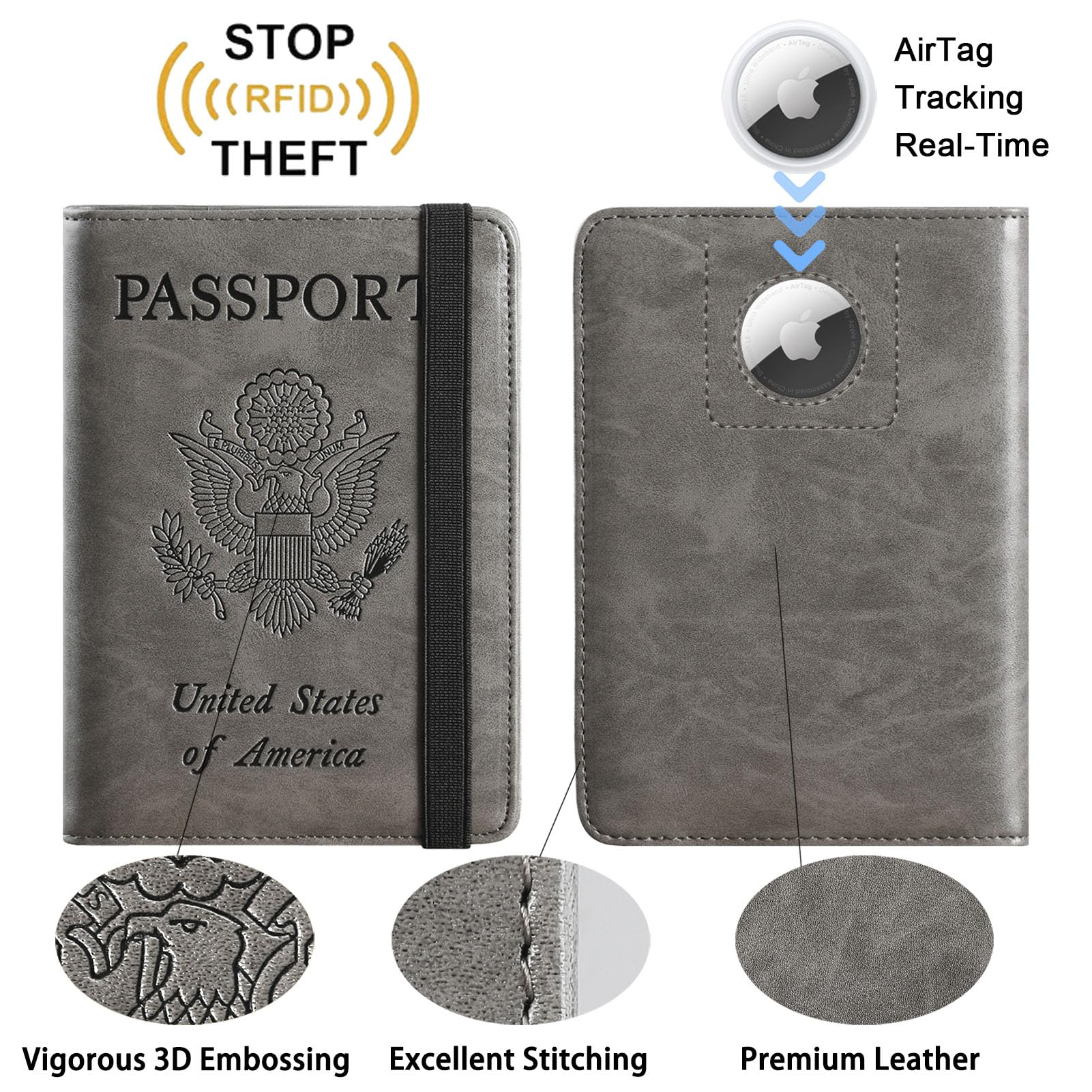 Airtag Passport Holder Cover Wallet Travel Essentials RFID Blocking Leather Card Case International Must Haves Travel Accessories for Women Men(119#Grey)