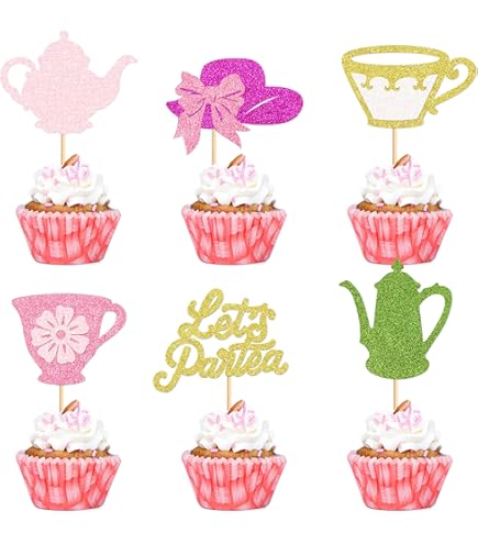 40Pcs Edible Tea Party Cupcake Toppers - Floral Teapot Decorations For Baby Showers