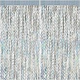 2 Pack Silver Backdrop Curtain Tinsel Streamers Sparkle Metallic Wavy Foil Fringe Photo Booth Props for Birthday Graduation Bachelorette New Year Christmas Wedding Disco Party Decorations