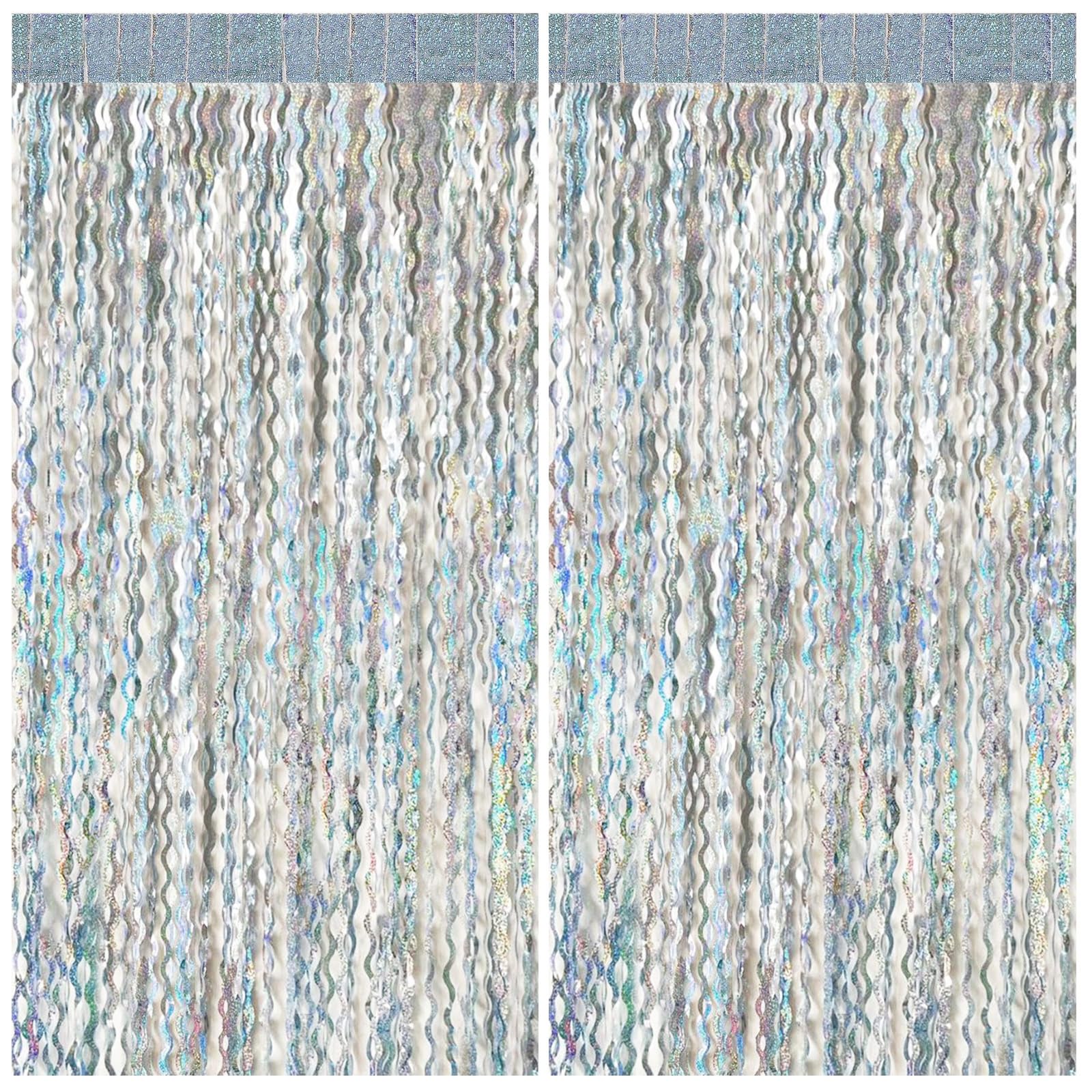 Photo 1 of 2 Pack Silver Backdrop Curtain Tinsel Streamers Sparkle Metallic Wavy Foil Fringe Photo Booth Props for Birthday Graduation Bachelorette New Year Christmas Wedding Disco Party Decorations