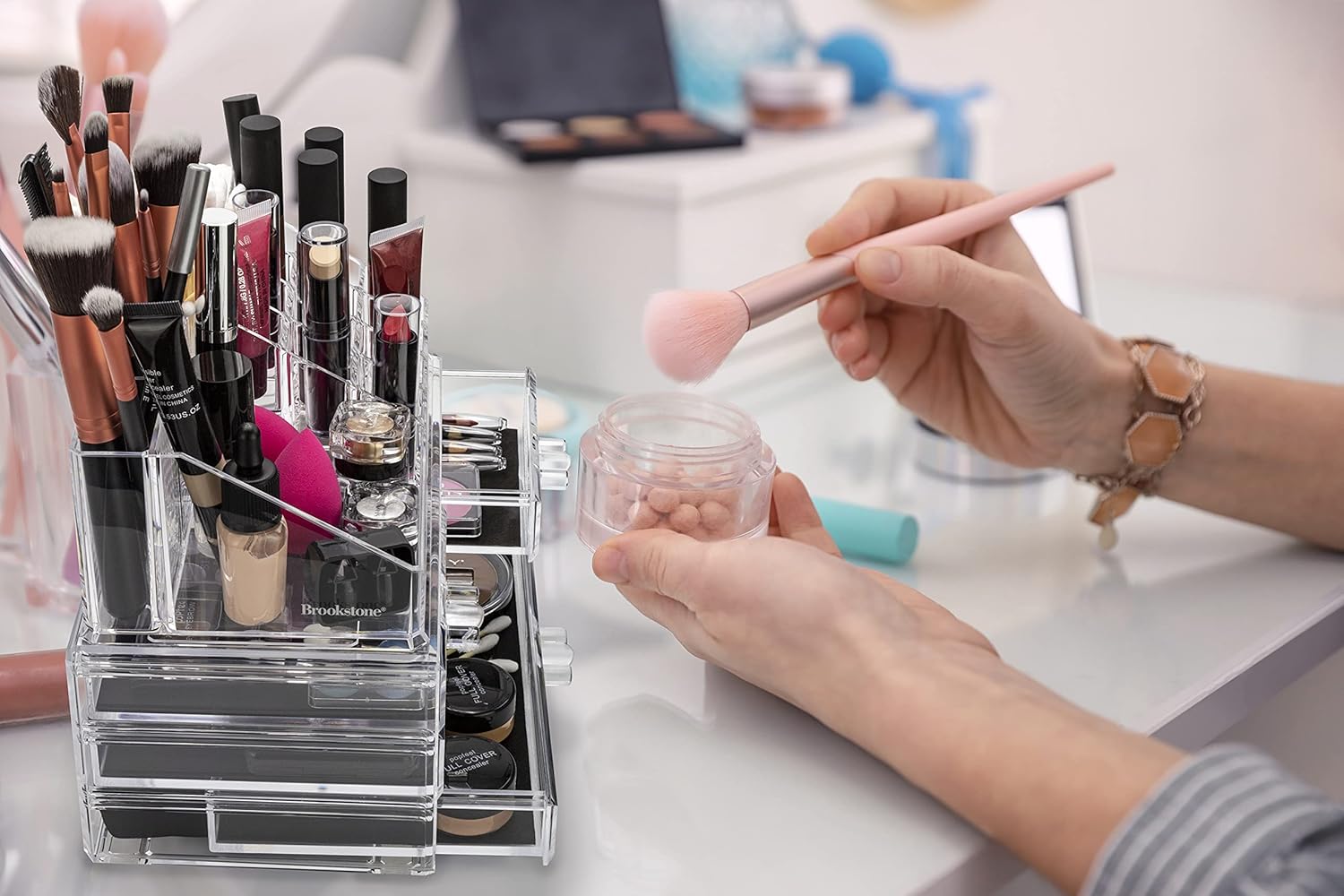 Brookstone Makeup Organizer for Vanity, Cosmetic Display Case with Drawers, Fits Brushes, Lipsticks, and Other Accessories, Versatile Storage Solution, clear: Beauty